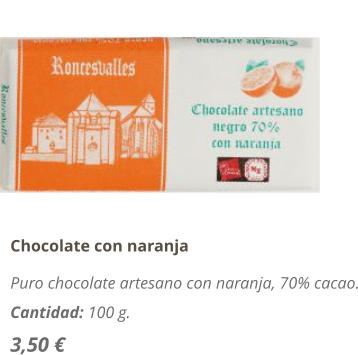 Chocolate con naranja Puro chocolate artesano con naranja, 70% cacao. Cantidad: 100 g. 3,50 €